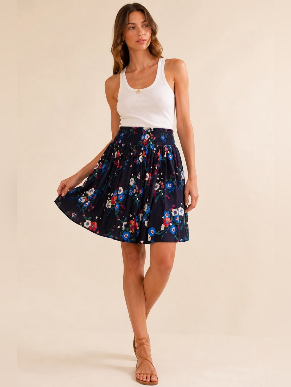 Tory Burch Silk Wool Floral Smocked Waist Skirt Navy Boho Mini Size 6